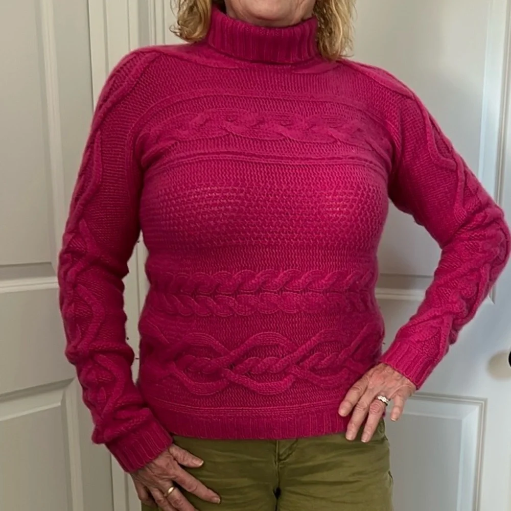 Garnet Hill Cashmere Cable Knit Sweater Turtleneck Magenta Pink M w MEASUREMENTS - Picture 3 of 12